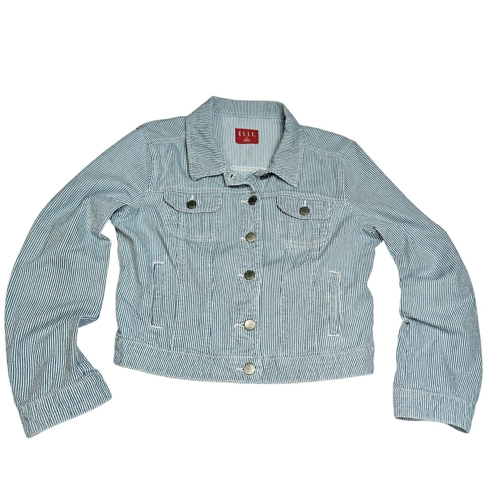 ELLE Blue White Pinstripe Cropped Denim Trucker Jacket M Nautical Coastal Preppy